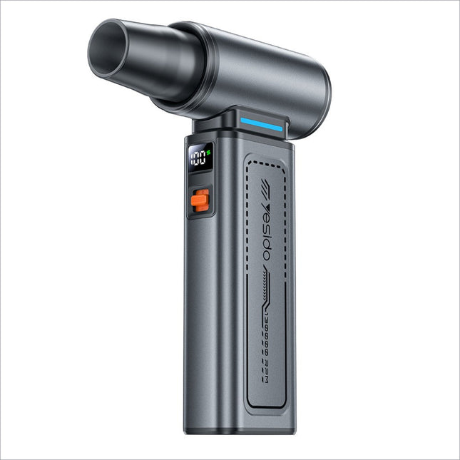 Gray metallic yosido handheld fan with digital display and orange power button for high speed dust blower use