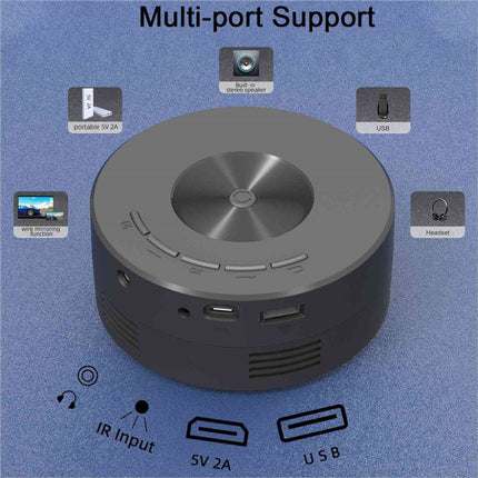 Gray cylindrical yt200 usb rechargeable mini projector with brushed metal dial and ports for korean skin care videos