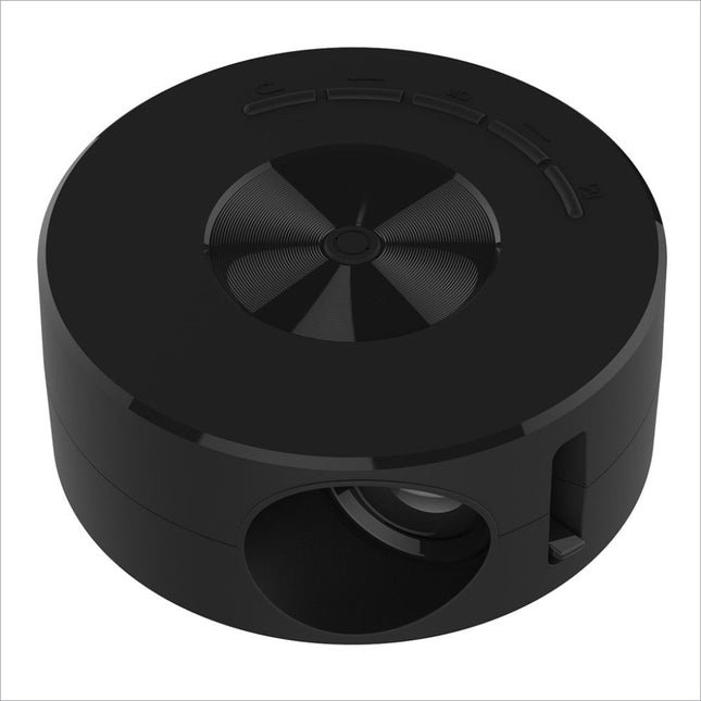 Black cylindrical bluetooth speaker with textured grille and button indentations beside yt200 usb rechargeable mini projector for korean skin care movie viewing