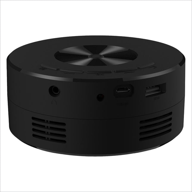 Yt200 usb rechargeable black matte mini projector with circular vents for portable movie and korean skin care video display