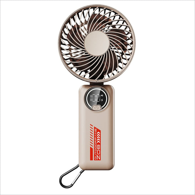 Beige z08 portable 3600mah handheld fan with circular metal grille and digital display for outdoor summer cooling