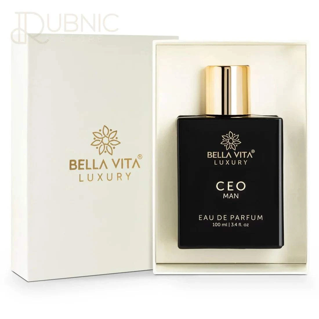 Bella Vita CEO Man Eau De Parfum 100ml bottle with elegant black and gold design in white luxury box