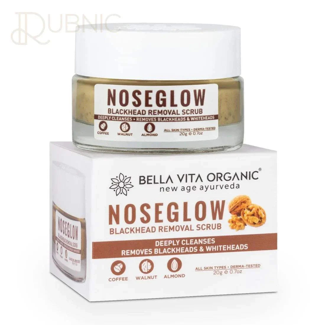 Bella Vita Organic Nose Glow Scrub for blackhead removal and skin brightening in 20g jar with natural ingredients like coffee, walnut, and almond