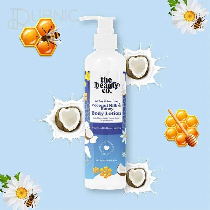 Coconut Milk & Honey Body Lotion by The Beauty Co with nourishing coconut, honey, and floral elements on blue background