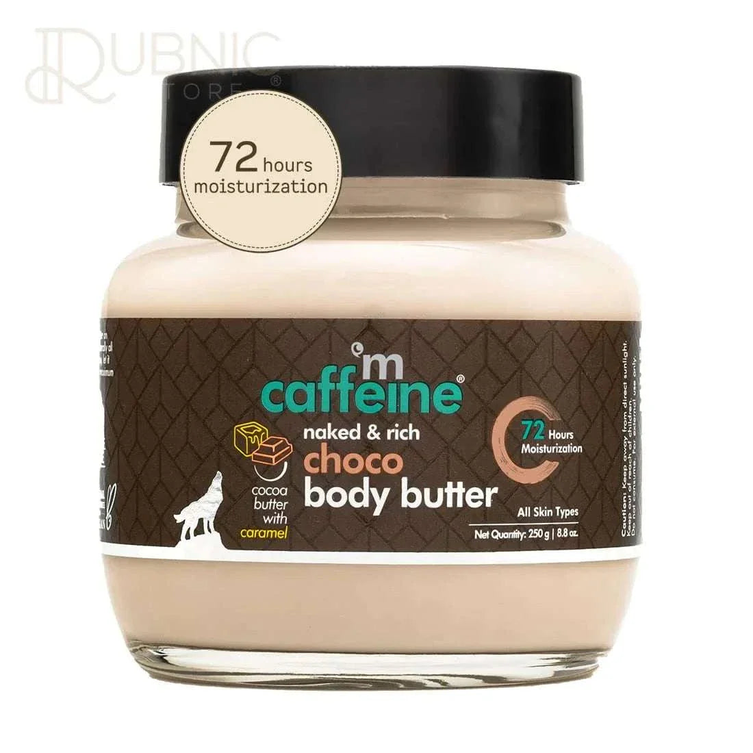 MCaffeine Choco Body Butter jar with 72 hours moisturization label and cocoa butter ingredients on white background