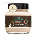 MCaffeine Choco Body Butter jar with 72 hours moisturization label and cocoa butter ingredients on white background