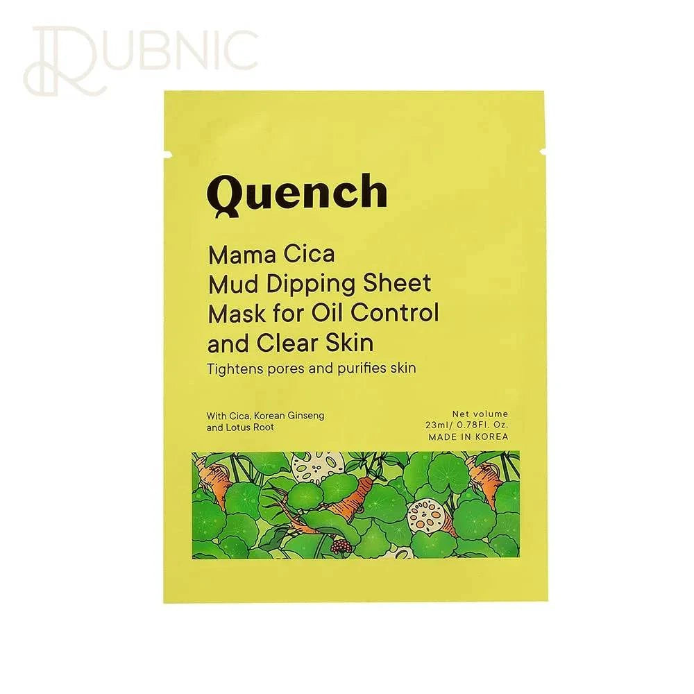 Quench Botanics Mama Cica Mud Dipping Sheet Mask for deep hydration and clear skin in yellow packaging