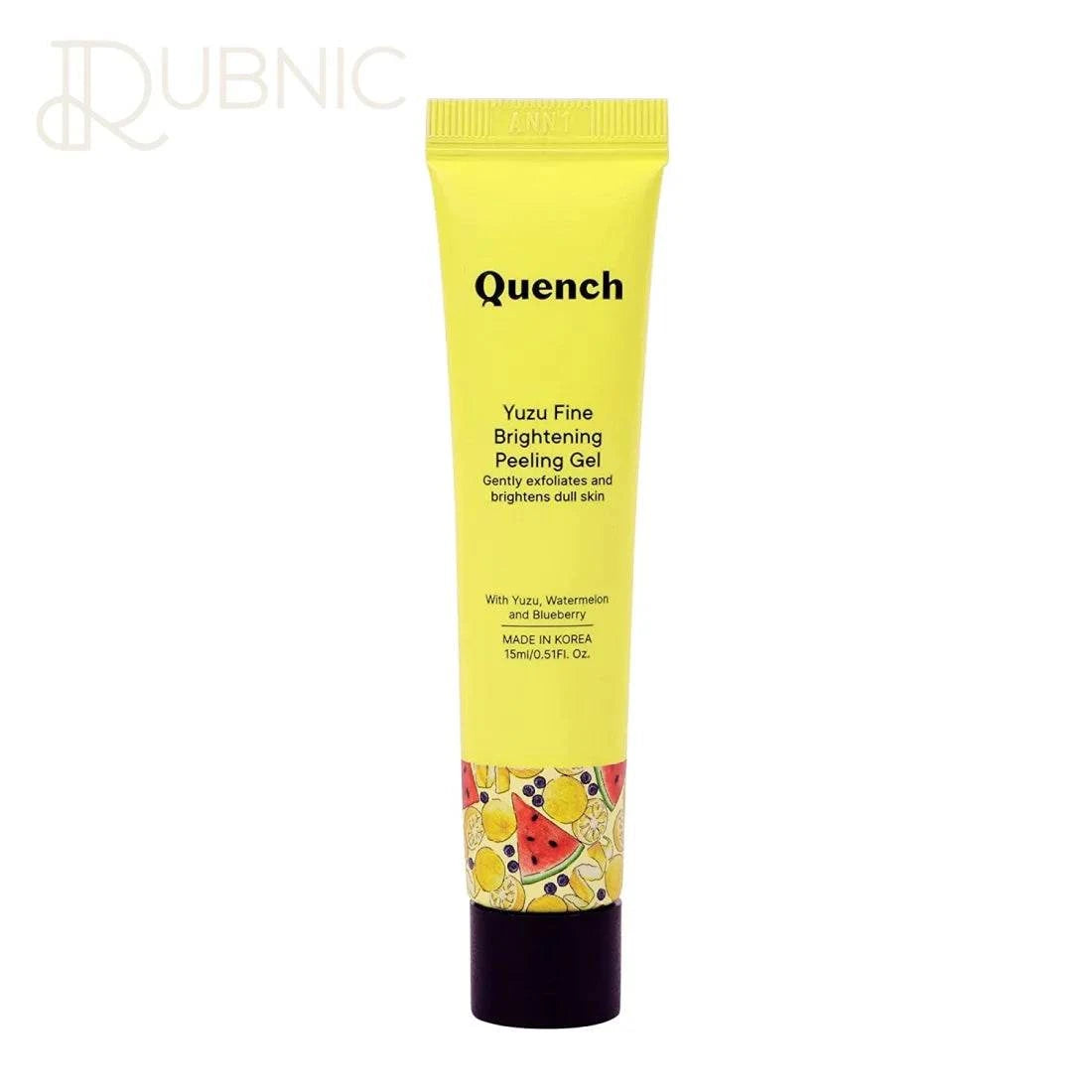 Quench Botanics Yuzu Fine Brightening Peeling Gel tube with yellow packaging and fruit illustrations