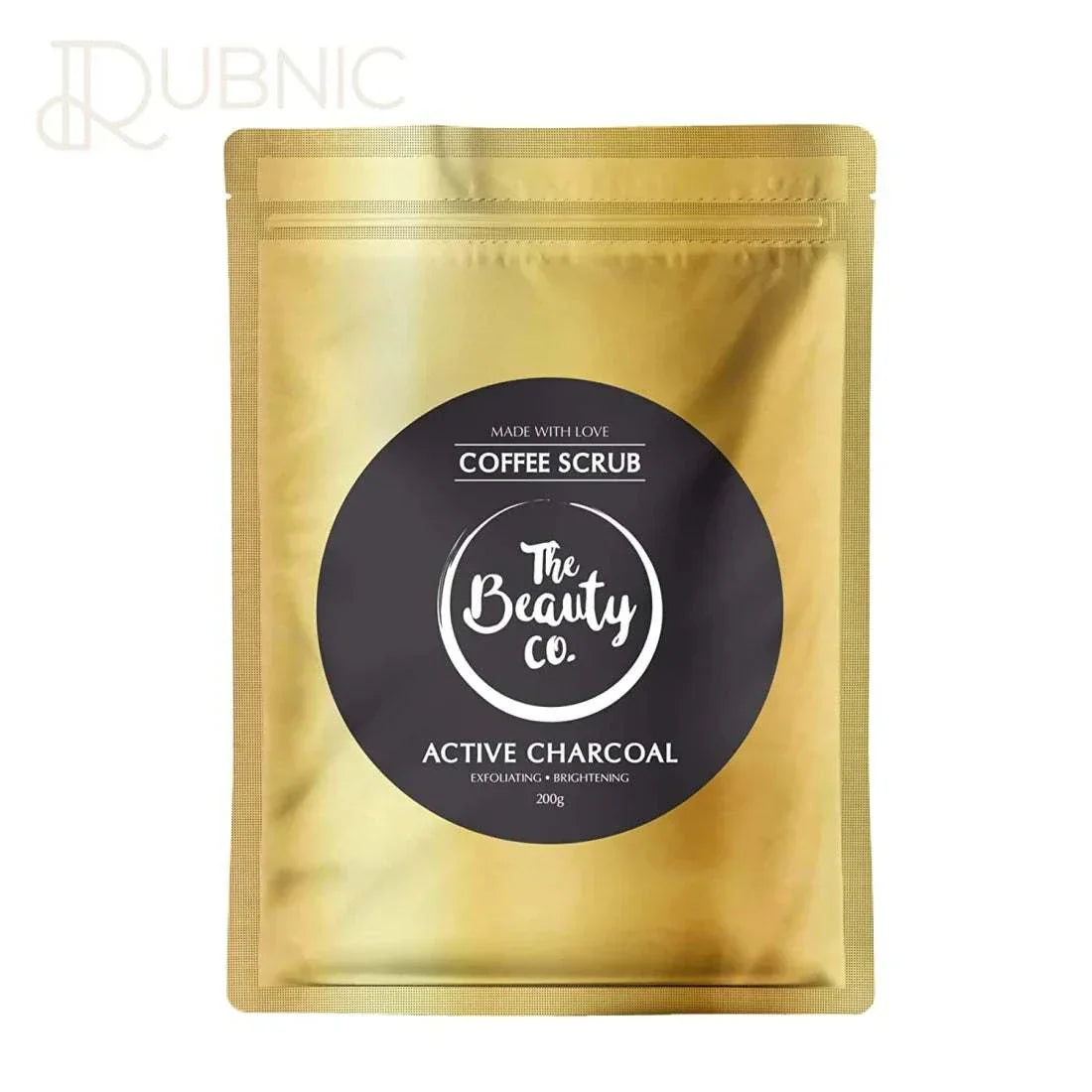 The Beauty Co. Activated Charcoal Coffee Face and Body Scrub in gold packaging with black label