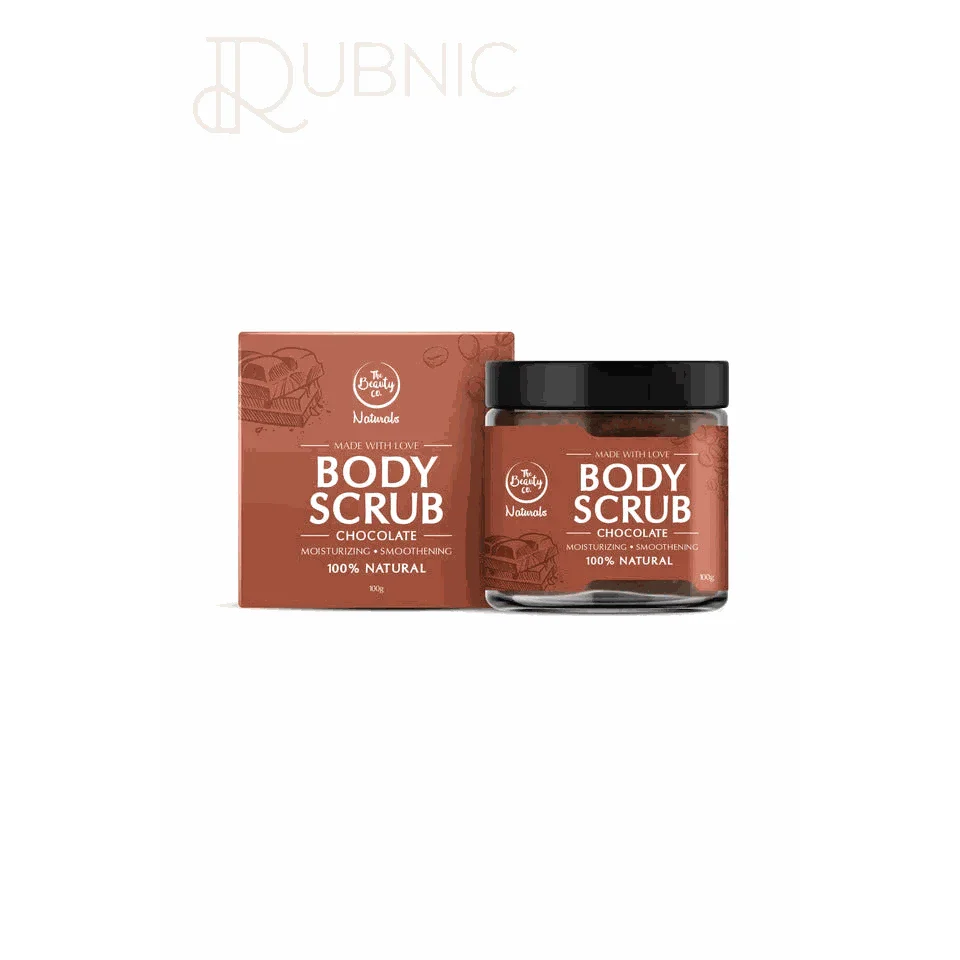 The Beauty Co 100g Chocolate Coffee Body Scrub jar and box, moisturizing and 100% natural exfoliating scrub