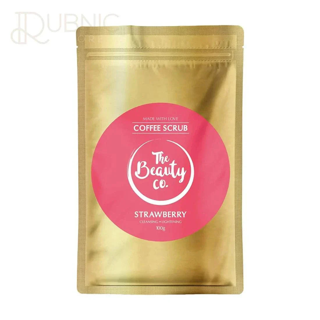 Strawberry Coffee Scrub by The Beauty Co in gold packaging with pink label for skin cleansing and lightening, 100g.